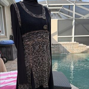 Black and Bronze Metallic Sleeveless Jumper Dress with Turtleneck Layer